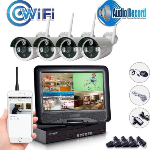 4CH NVR WIFI CCTV System 4PCS 1080P Wireless CCTV Kit 10 inch Monitor Security Sound recording Motion Detecting Email Alarm