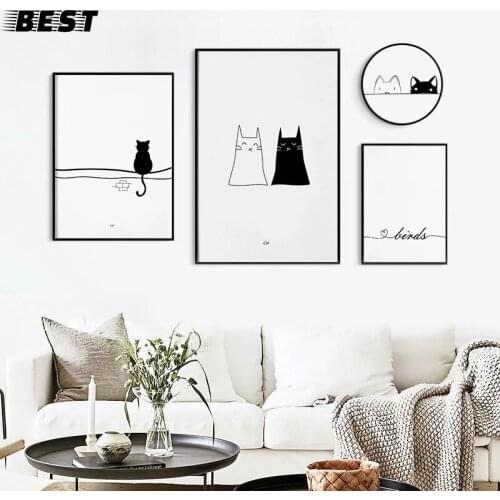 Modern Black And White Cat Birds Wall Art Canvas Painting Nordic Posters And Prints Nursery Pictures Baby Kids Room Home Decor