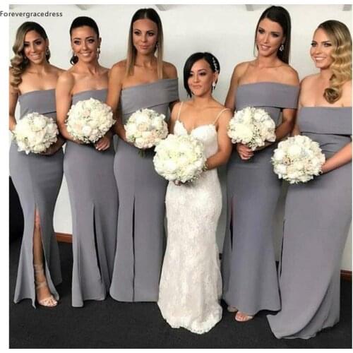 Dark Gray Mermaid Bridesmaid Dresses Strapless Split Wedding Guest Western Floor Length Maid of Honor Gowns