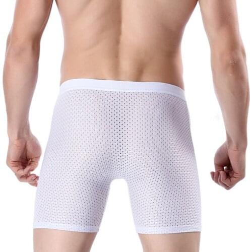 Mens Long Boxer Shorts Underwear Panties Breathable Sexy Mesh Boxer Gay Transparent Prevent Friction Homme bodysuit Underpants