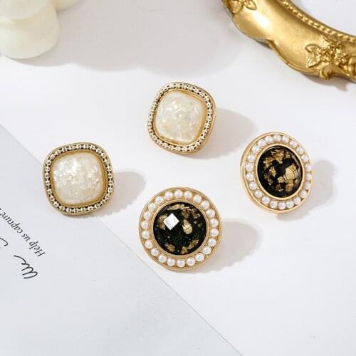 Retro Style Versatile White Square Clip on Earrings Elegant Black Round Resin Stone Clip Earrings Without Piercing for Women
