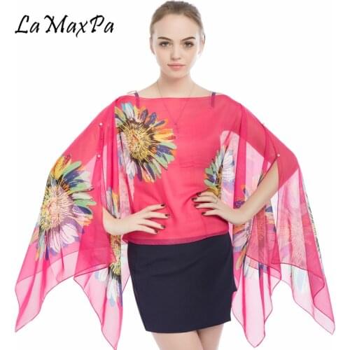 LaMaxPa Women Pop Chiffon Sunscreen Shawl All-match Preppy Style Beachwear For Girl DIY Pearl Clasp Shawl Femme Classic Echarpe