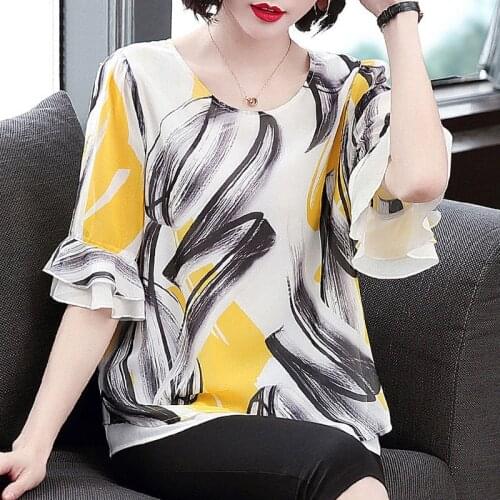 Women Spring Summer Style Chiffon Blouses Shirts Lady Casual O-Neck Short Flare Sleeve Patchwork Blusas Tops ZZ0622