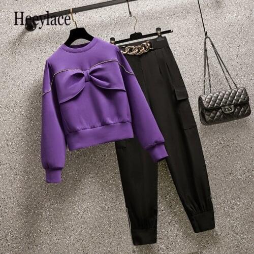 Plus Size Women 4XL Tracksuits Autumn Winter space cotton bow splicing Sweatshirt Top And Long Pants Two Pieces Sets overalls