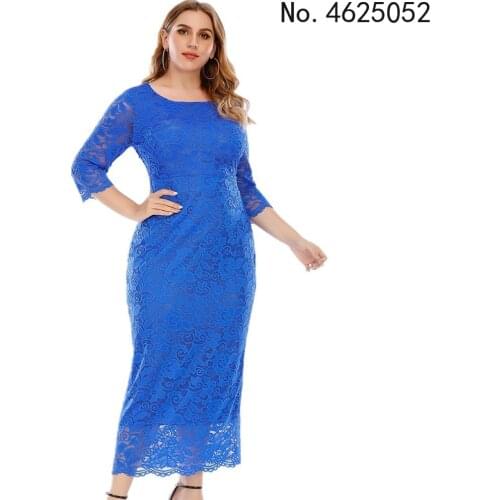 Summer Plus Size Women Fashion O-Neck Three-quarter Sleeve Sexy Lace Hollow Out Elegant Dinner Party Fit Pencil Long Dresses