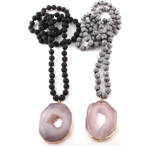 Fashion Bohemian Jewelry Lava Stones Long Knotted Gray Agat Pendant Necklace Women Lariat Necklaces