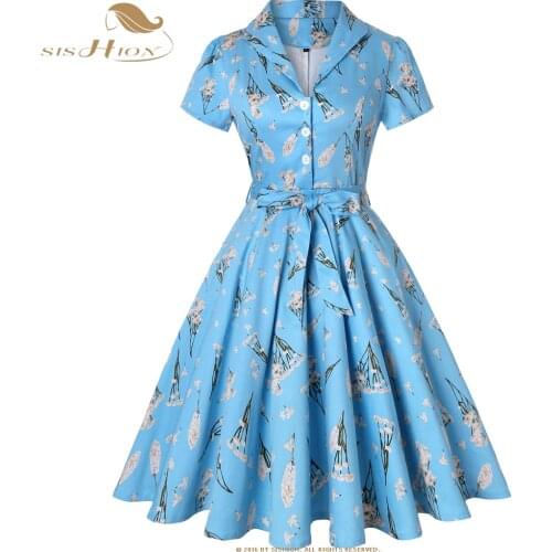 SISHION Dandelions Print Vintage Dress 2021 New Sky Blue Plus Size Floral Cotton Tunic Plus Size Women Ladies Dresses SD0002