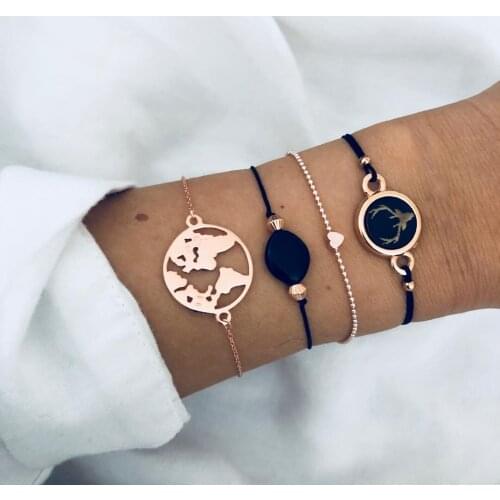 4 Pcs/Set Bohemian Bracelet For Femme Map Heart Natural Stone Beads Chains Bangle Jewelry Accessories