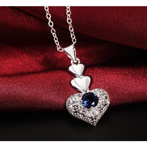 925 Sterling Silver 18 Inches Fashion Wedding Heart Blue Zircon Retro Necklaces & Pendants Link Chain Party Girl Jewelry