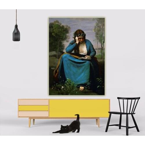 Citon Jean Baptiste Camille Corot《Reader wreathed with flowers》Canvas Art Oil painting Background Wall Decor Home Decoration