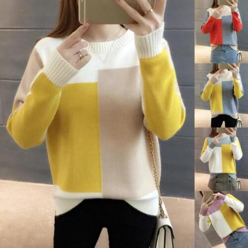 Dropshipping Autumn Women Color Block Jumper Long Sleeve Loose O Neck Warm Sweater Pullover