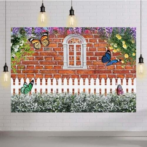 Spring Garden Backdrop 3D White Wooden Window Fence Vintage Brown Brick Wall Floral Blossoms Butterfly Photography Background