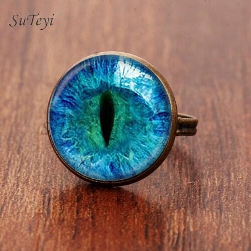 SUTEYI Drop Shipping Rings Vintage Glass For Cat Eye Ring Art Picture Bronze Plated Adjustable Handmade Crystal Jewelry