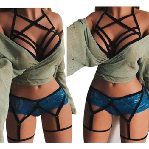 Women Elastic Body Harness Lingerie Set Erotic Caged Cross Bandage Cupless Bra Hollow Out Strappy Garter Belts Gothic Clubwear