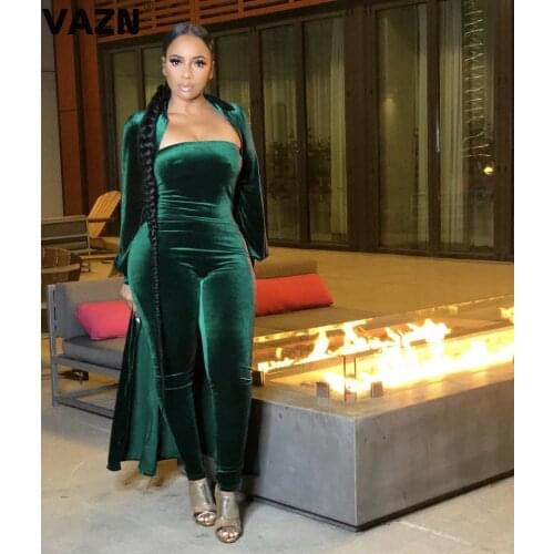 VAZN 2020 Hot High-end Young Sexy Club Suede Set Solid Full Sleeve X-Long Cloth Group Sleeveless Jumpsuits Women 2 Piece Set