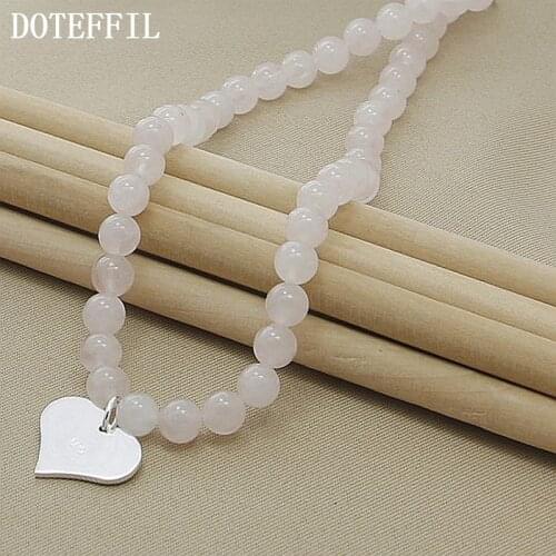 DOTEFFIL 925 Sterling Silver Pink agate Beaded Heart Pendant Necklace For Women Wedding Engagement Fashion Jewelry