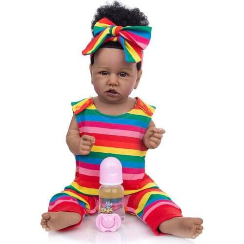 Full silicone vinyl Reborn Baby Bath Dolls 57 CM High Quality Black Skin Rooted Hair colorful dress Newborn Dolls Gift