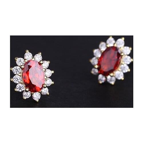 Cute Female Crystal Ruby Red Oval Earrings Real 925 Sterling Silver Gold Wedding Vintage Flower Zircon Stud Earrings For Women