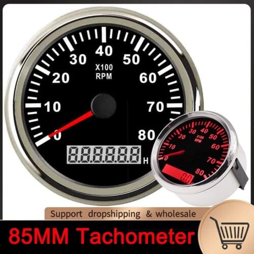 Waterproof 85mm Boat Tachometer 6000,8000 RPM Tachometer Car Marine Tacho Meter Gauge with Hourmeter 12V/24V