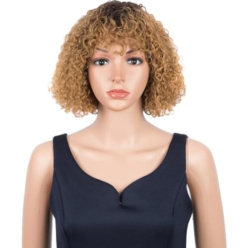 Trueme Short Bob Wig With Bangs Jerry Curly Human Hair Bob Wigs For Women Kinky Curly Full Wig Remy Ombre Blonde 99J Brown Color