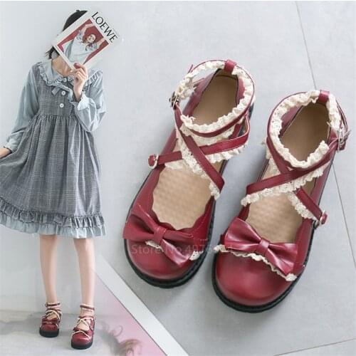Japanese Mary Jane Girl Daily Vintage Sweet Lolita Shoes Round Head Buckle Women Shoes Lace Up Bowknot Kawaii Shoes Loli Cosplay
