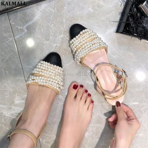 KALMALL Summer Dress Shoes Women String Bead Sandals Ankle Strap Pearls Heels Luxury Sandals Party Shoes Lady