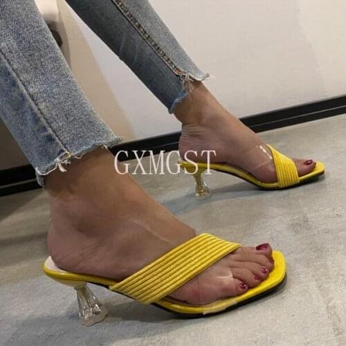 2021 New Summer Clear High-Heeled Slippers Womens Fashion Square Head Transparent Knitting Cross Strap Thin Heel Sandals 34-40