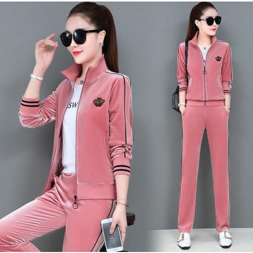 Women Velvet Tracksuit 3 Piece Sets 2021 Autumn New Casual Zipper Jacket Coat+T-Shirt + Long Pants Suit Korean Jogging Sweatsuit