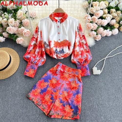 ALPHALMODA 2021 Summer Women Printed Fashion Shirt + Shorts 2pcs Suits Puff Sleeve Loose Vintage Shirt High Waist Shorts Set