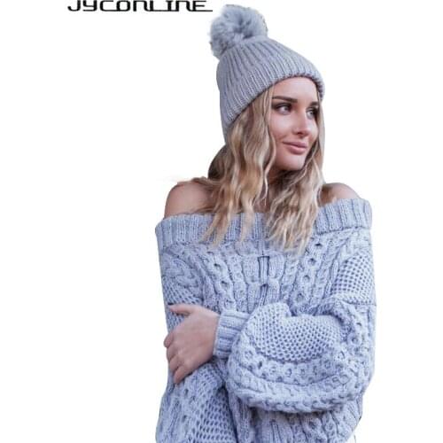 JYConline Winter Knitted Sweater Women 2017 Autumn Puff Sleeve Pullover Sweaters Off Shoulder Sweater Slash Neck Jumper Femme