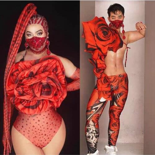 Red Rose Shape Bodysuit Women Gogo Costumes Stage Show Men Stage Pants Nightclub Party Pole Dance Clothing Rave Outfits XS1619