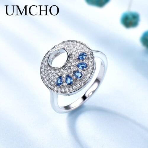UMCHO Fashion Round Blue Ring Real 925 Sterling Silver Jewelry Gemstone Rings For Women Party Gift Fine Jewelry