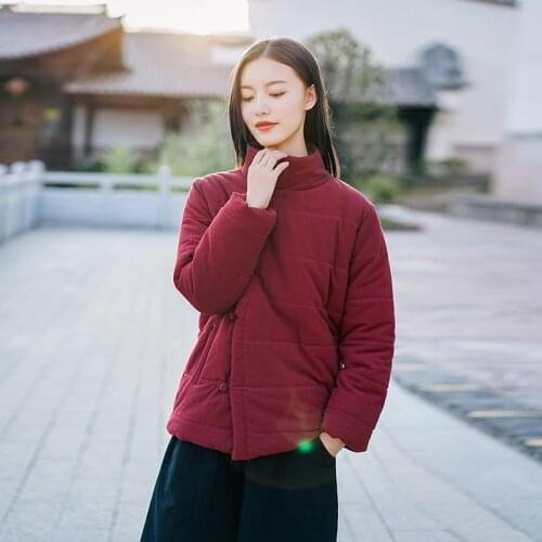 LZJN New Womens Cotton Linen Warm Short Coat Vintage Stand Collar Winter Soft Wadded Jackets Black 2 Colors with Pockets