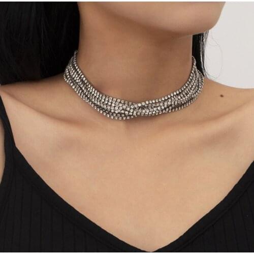 Punk Exaggerated Multilayer Rhinestone Chains Choker Necklace for Women Luxury Geometric Chocker Clavicle Necklace Jewelry