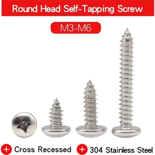 10-60 PCS Cross Recessed Pan Head Tapping Screw M3 M3.5 M4 M5 M6 304 Stainless Steel Round Head Phillips Screws For Furniture