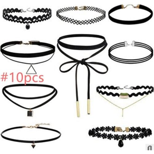 10Pcs/set zircon Gothic Punk Style Velvet Tattoo Lace Choker Long Black Choker Collar Necklace Pendant Jewelry Women Party gift