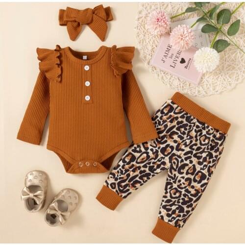 3Pcs Autumn Winter New Cute Toddler Infant Outfit Suit Ribbed Ruffled Long Sleeve Romper+Leopard Print Pants+Headband for Girls
