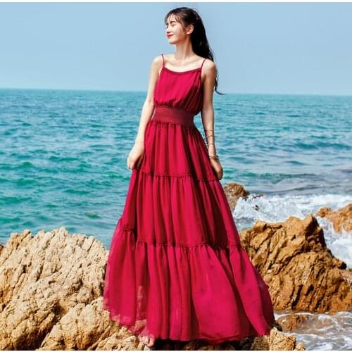 Free Shipping 2021 New Fashion Women Chiffon Long Maxi Sleeveless Dresses Summer Boshow Bohemian Wine Red Ruffles Dress S-L