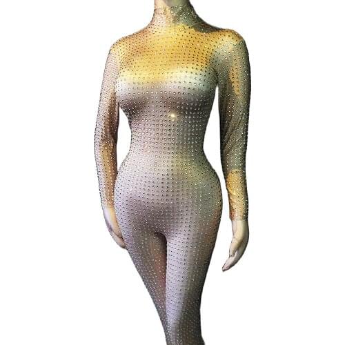 Sparkling Full Rhinestones Tights Jumpsuit Long Sleeve Backless Rompers Nightclub Dance Show Wear Women Party Evening Costume