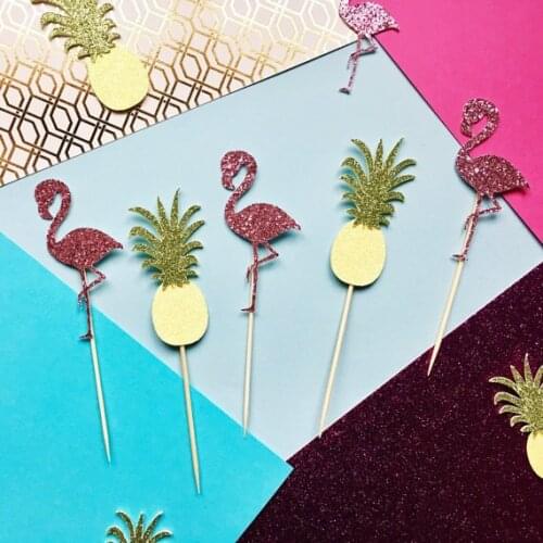 Glitter Flamingo & Pineapple wedding birthday cupcake toppers Hawaiian Luau party decoration doughnut picks