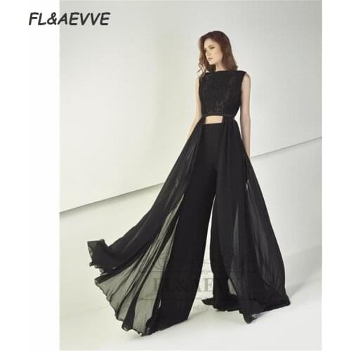 2021 Elegant Black Evening Dresses Long Suit Lace Top A Line Chiffon Corset Sleeveless Split Side Floor Length Prom Party Gowns