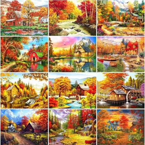 HUACAN 5D DIY Diamond Painting House Landscape Mosaic Diamond Embroidery Autumn Scenery Full Drill Wall Decor