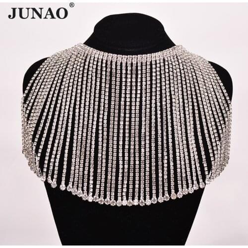 JUNAO 45cm/lot Clear Rhinestone Fringe Glass Crystal Chain Metal Trim Sewn Strass Tassel Clothes Strass Applique for Dress Craft