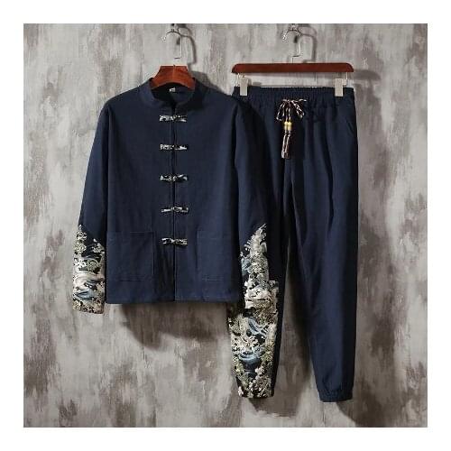 Chinese Style Retro Tang Suit Cotton Linen Patchwork Suit Plus Size Printed Hanfu Men Clothing Print Clothes 5XL Male