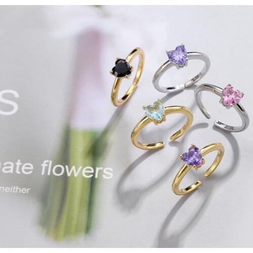 HECHENG,Love Heart Rings,Colorful Rainbow Purple Green Pink Color Stone Rings,Sweet Style Jewelry,Wholesale