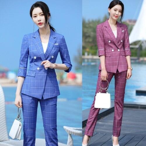 Fashion Casual Blue Blazer for Women Pant Suits Office Ladies Business Suits Work Wear Uniforms OL Style