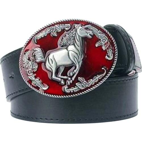 Western cowboy style mens belt horse leather totem courser horsemanship metal buckle horserace belt leather steed animal logo