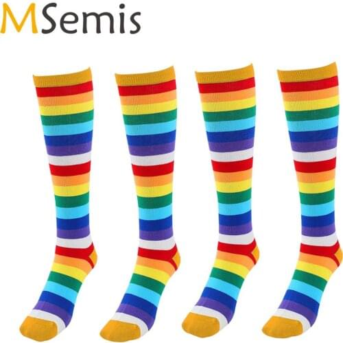 MSemis 2 Pairs Aesthetic Pastel Rainbow Stripes Socks Girls Womens Knee High Socks Stretchy Stockings Sport Stage Dance Costume