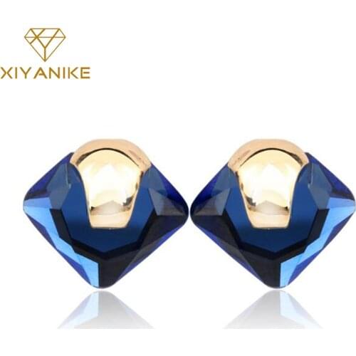 New Charm Fashion Jewelry Blue Crystal Rhinestone Square Stud Earrings New for Woman Gold Earrings Accessories brincos XY-E664