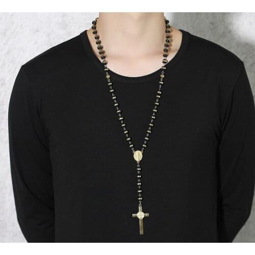 30" 8MM Stainless Steel Rosary Beads Necklace Black and Gold Color with Holy Jesus Christ Crucifix Cross Pendant Hip-Hop Jewelry
